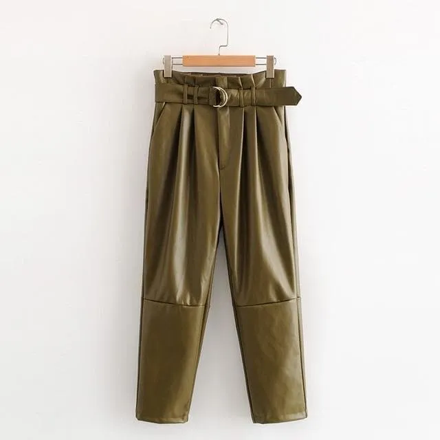 Army Green Leather High waist Pants