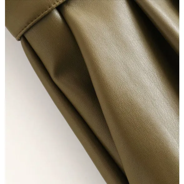 Army Green Leather High waist Pants