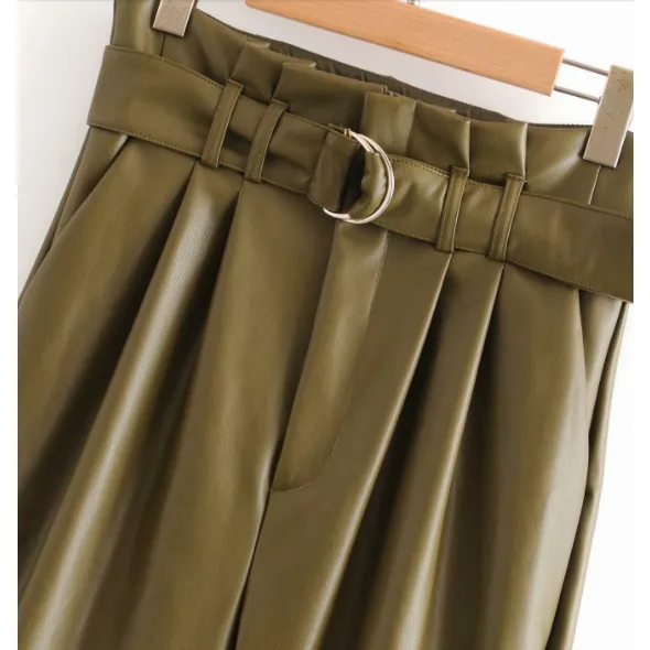 Army Green Leather High waist Pants