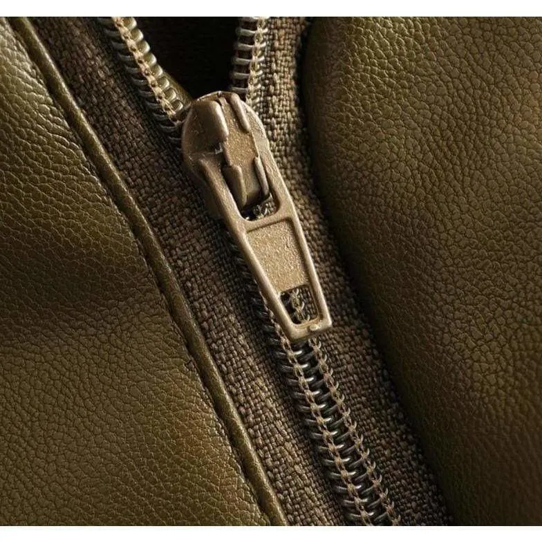 Army Green Leather High waist Pants