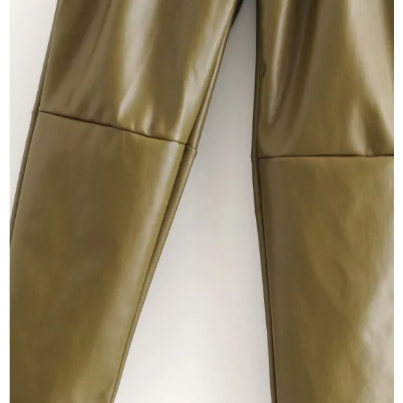 Army Green Leather High waist Pants