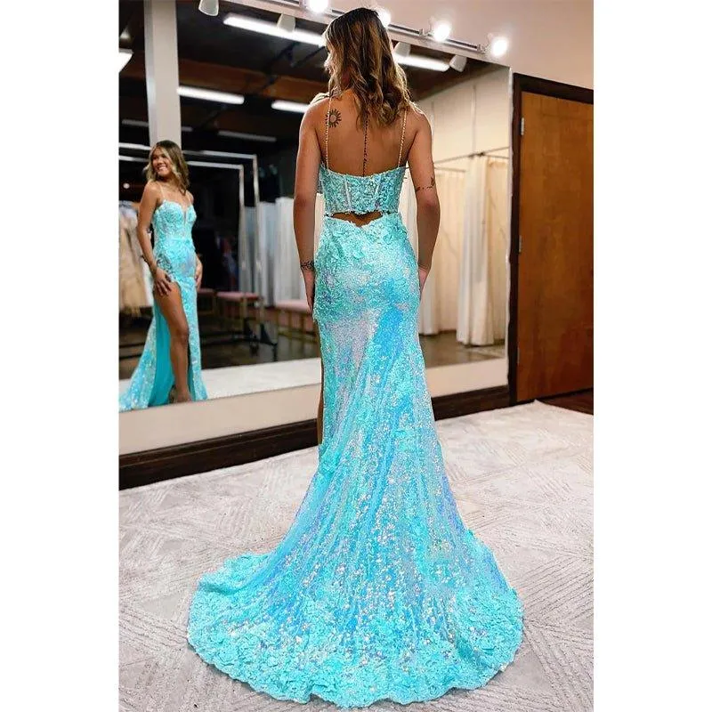 Attractive V-neck Lace Appliques Sequins Prom Dress with Slit