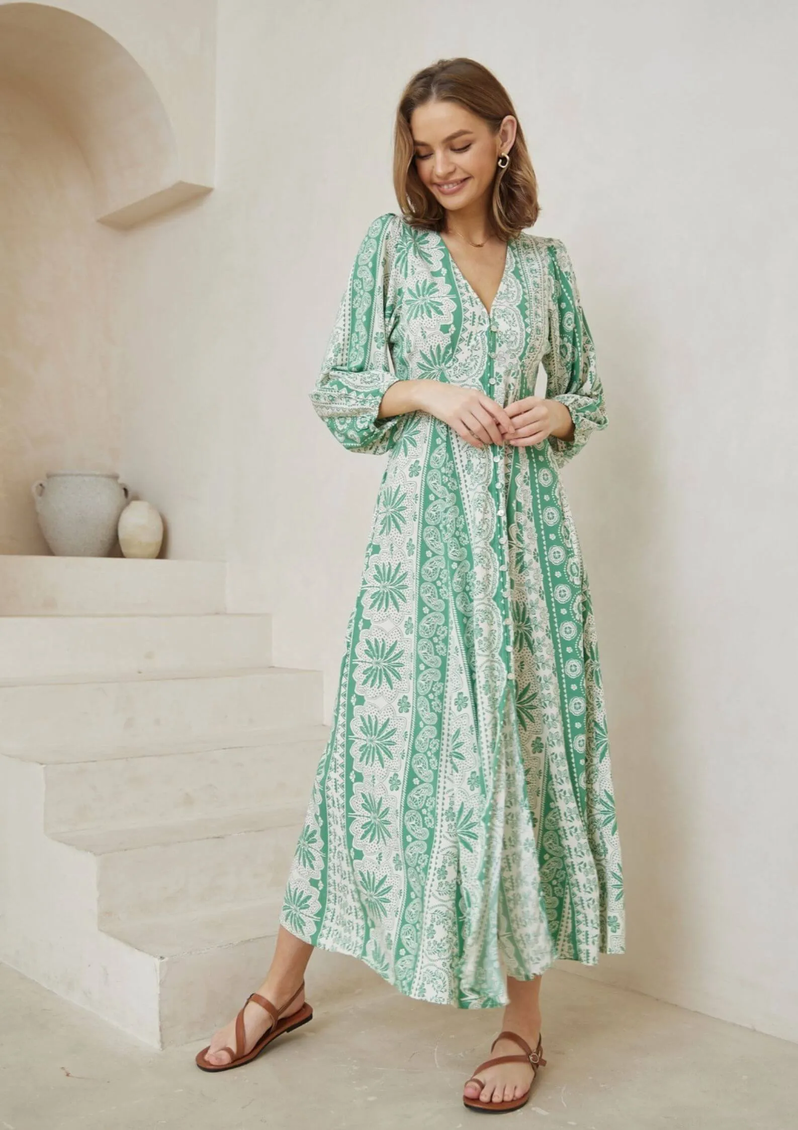 Avery Long Sleeve Maxi Dress in Sage Print