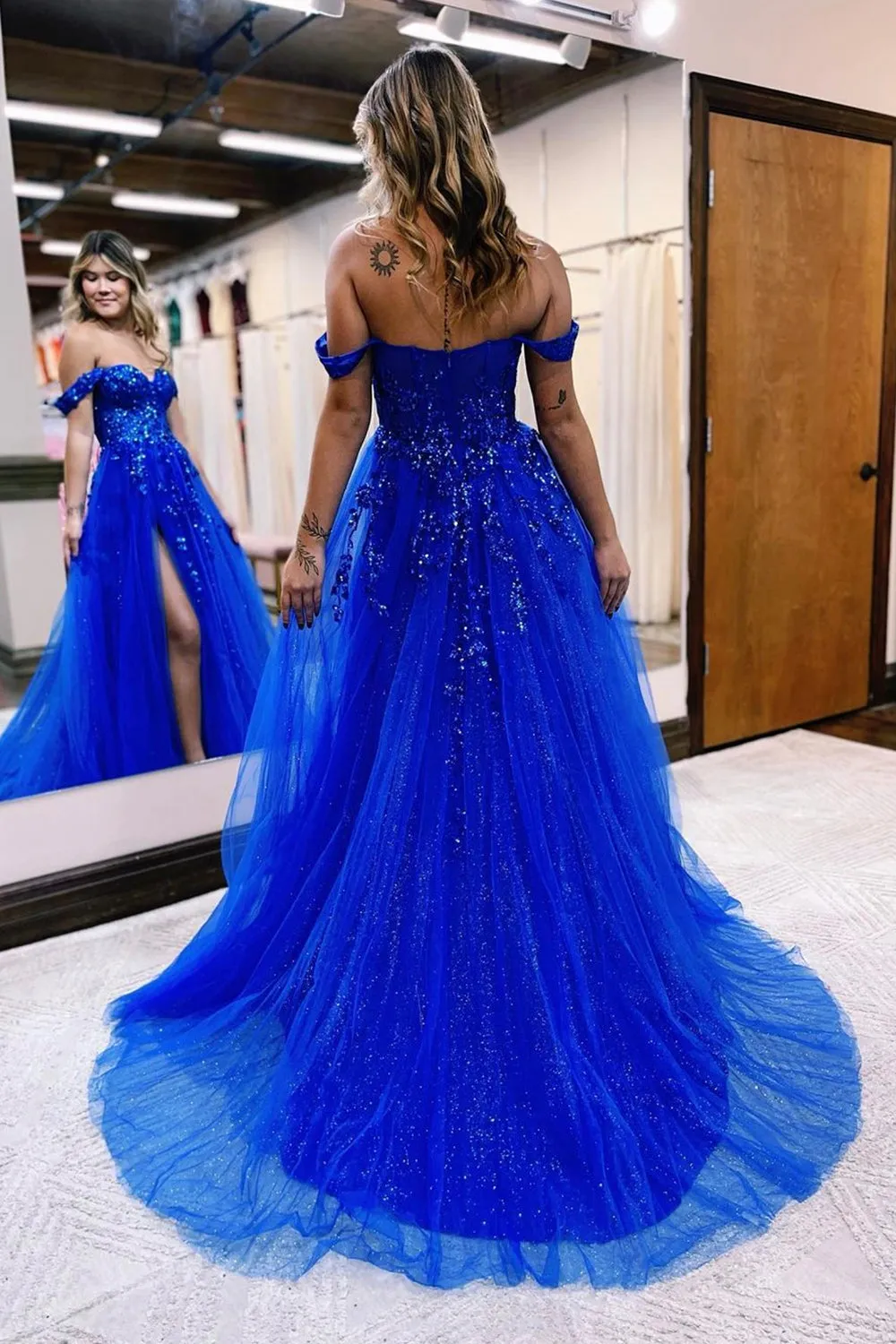 Blue Tulle Lace Long Prom Dress, Off the Shoulder Evening Dress