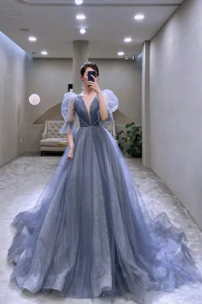 Blue Tulle Long A-Line Prom Dress, Cute Puff Sleeve Formal Evening Dress
