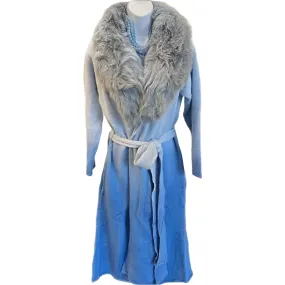 BLUE WOOLEN CARDIGAN WITH FUR COLLAR