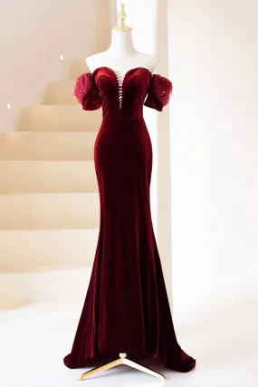 Burgundy Velvet Long Prom Dress with Pearl, Burgundy Off Shoulder Evening Dress