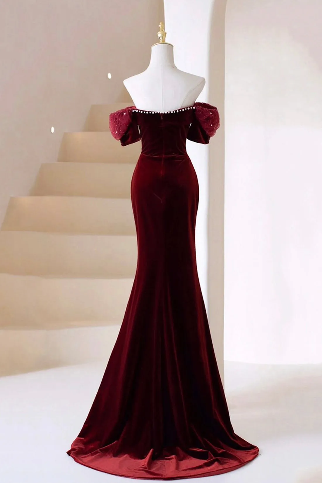 Burgundy Velvet Long Prom Dress with Pearl, Burgundy Off Shoulder Evening Dress