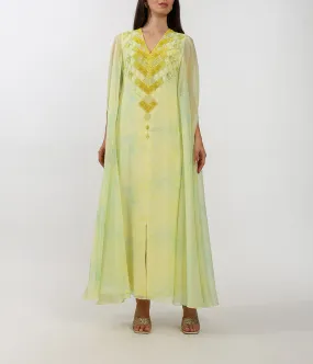 Custom Printed Yellow Cape Dress With Handcrafted Embellishments