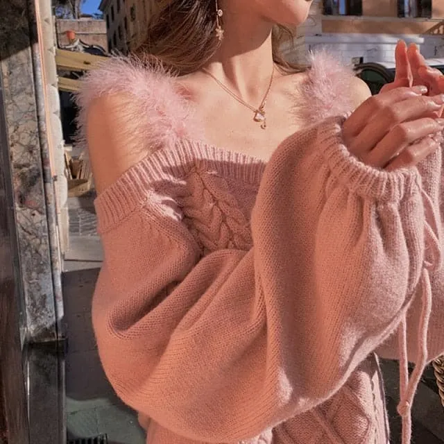 DressBetty - Off-the-shoulder Sweater Ladies Sexy Autumn Winter Elegant Soft Lace Puff Sleeve Knitted Sweater Woman Italy Pull Crop Top