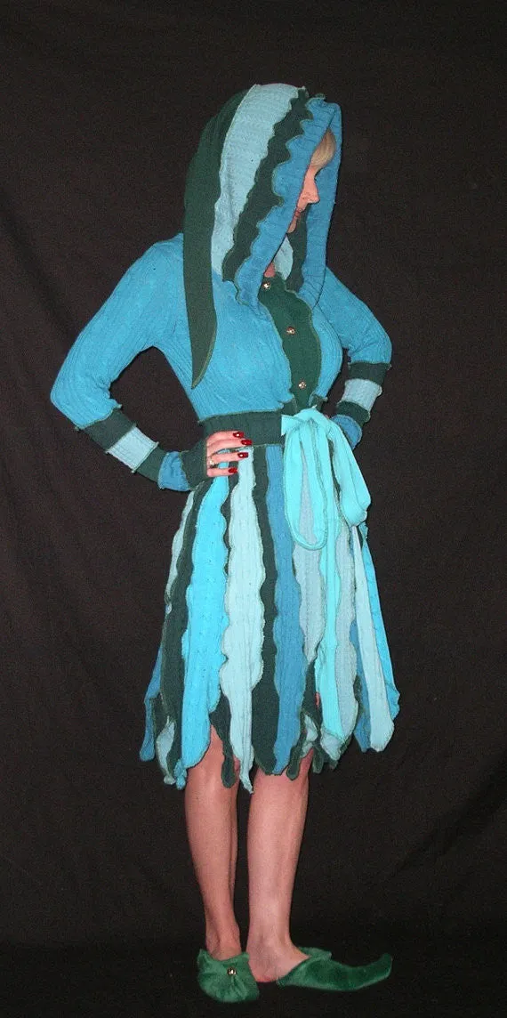 Elf Coat "Crop Circles" Size XXS Pixie Flower Petal Jacket Recycled Sweater Duster Extra Extra Small Blue Green Fairy Dress Sacred Geometry
