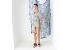 FOUND IN GREECE 80s Mottled Grey Sheer Shirt Dress / Cover Up