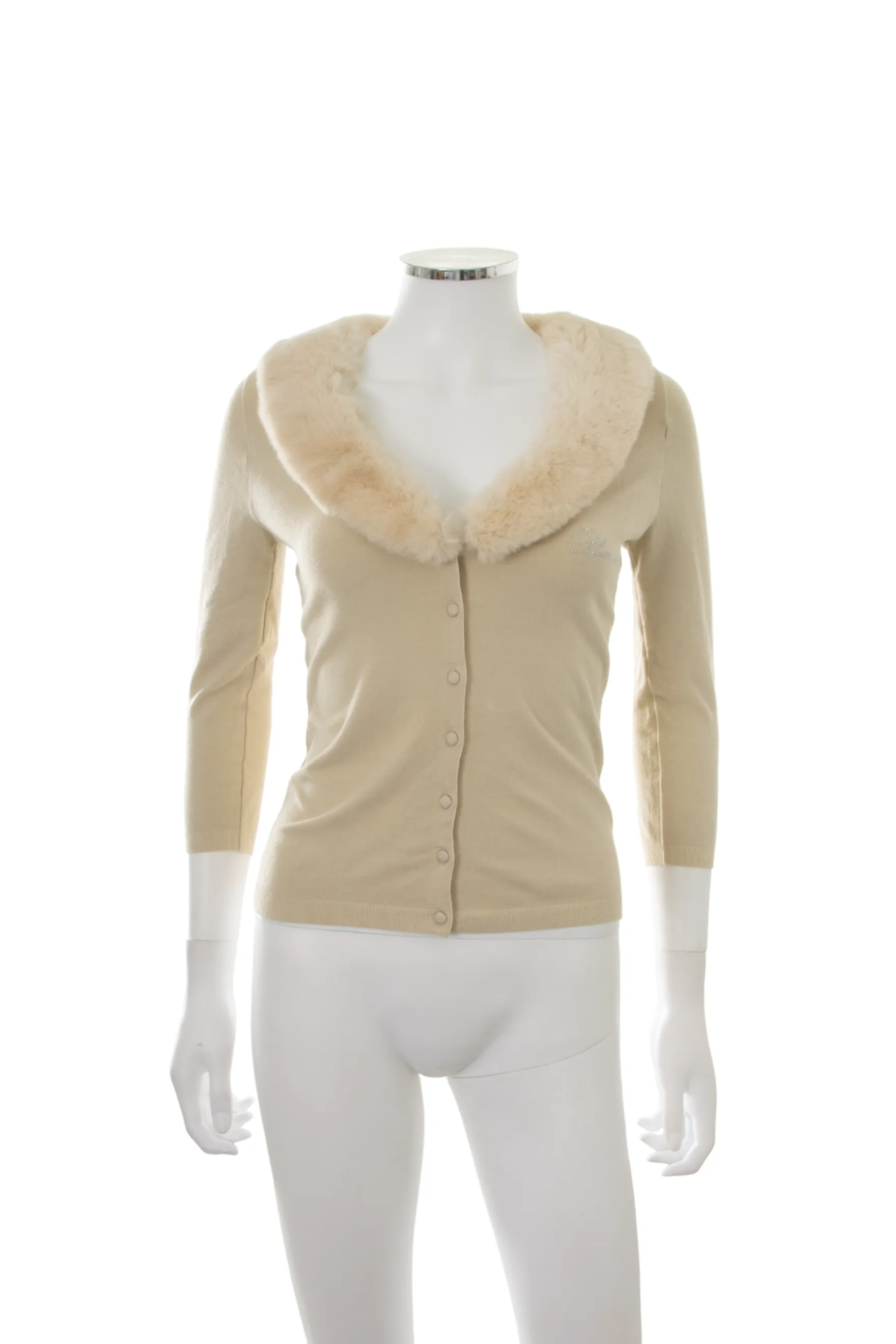 Fur Collar Cardigan with Crystal Logo