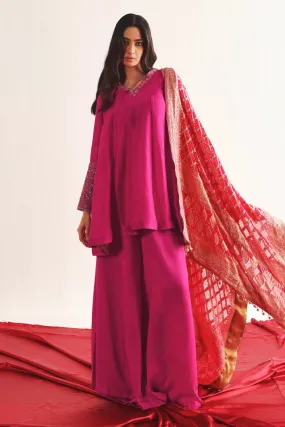 Fuschia Silk Marodiwork Kurta & Flared Pants With Rani Banarasi Dupatta