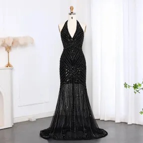 HELEN Luxury Beaded Halter Open Back Mermaid Black Evening Dress