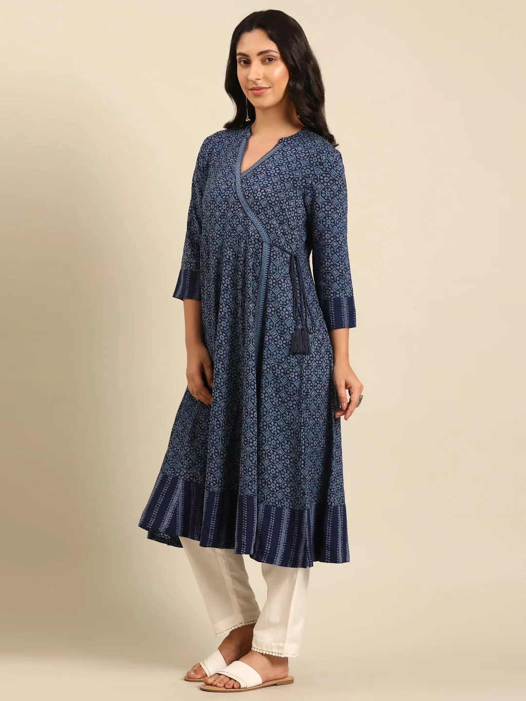 Indigo Printed Rayon Flared Kurta