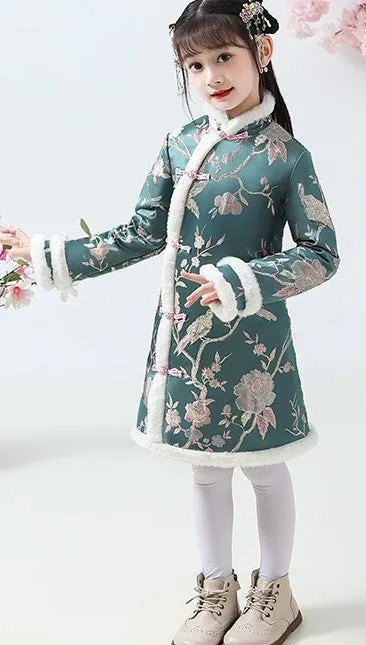 Knee Length Floral Brocade Girl's Cheongsam Wadded Dress with Fur Edge