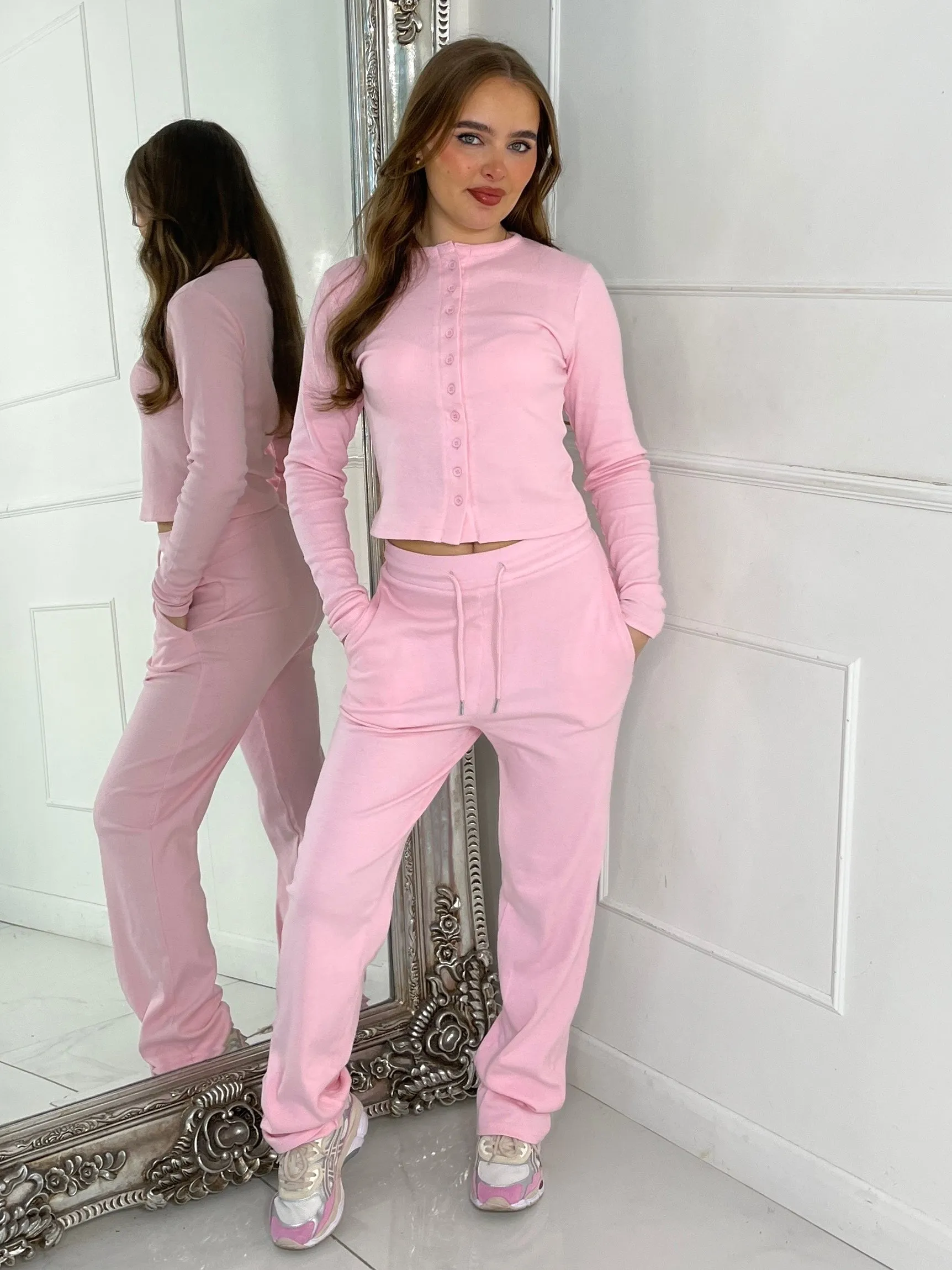 Long Sleeve Button Up Detail Top & Flared Pants - Baby Pink