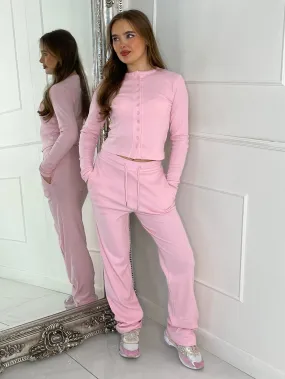 Long Sleeve Button Up Detail Top & Flared Pants - Baby Pink