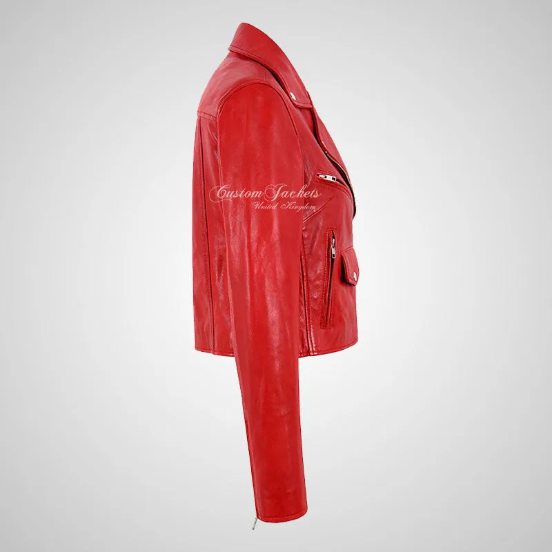 MASY Ladies Biker Leather Red Fitted Real Leather Jacket