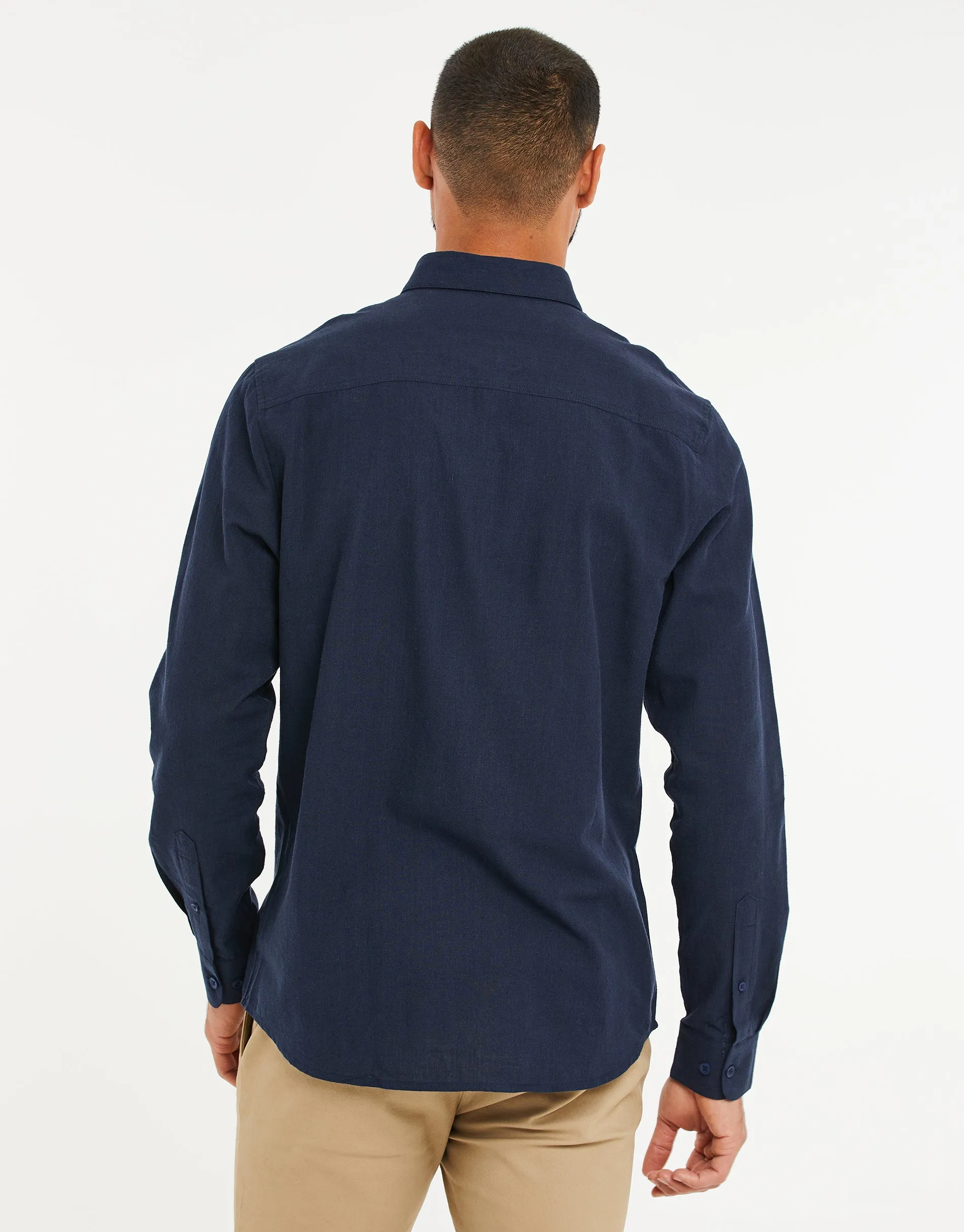 Men's Navy Long Sleeve Linen Blend Shirt