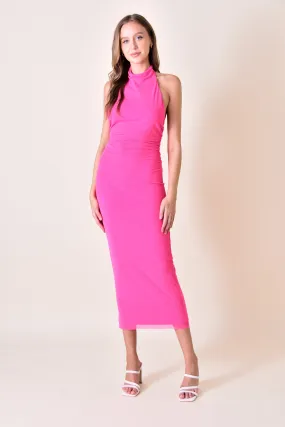 mesh mock neck halter maxi dress