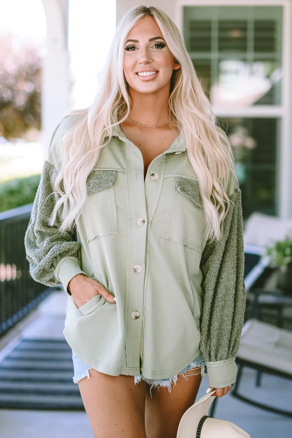 Peach Blossom Exposed Seam Elbow Patch Oversized Shacket