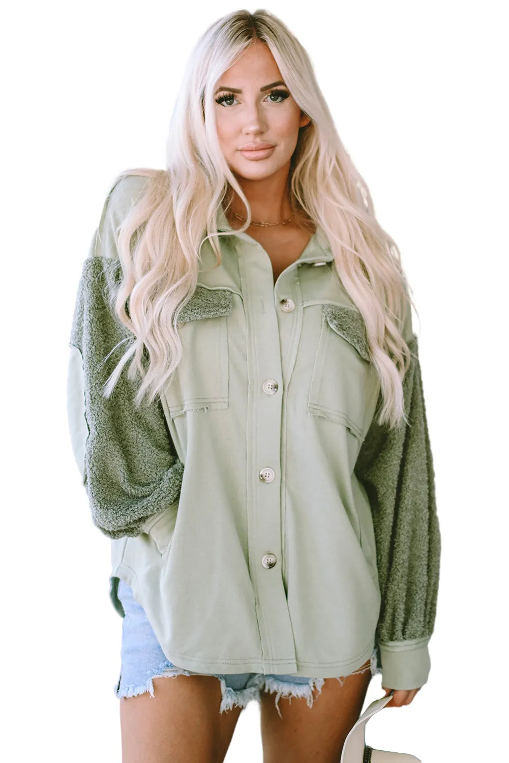 Peach Blossom Exposed Seam Elbow Patch Oversized Shacket