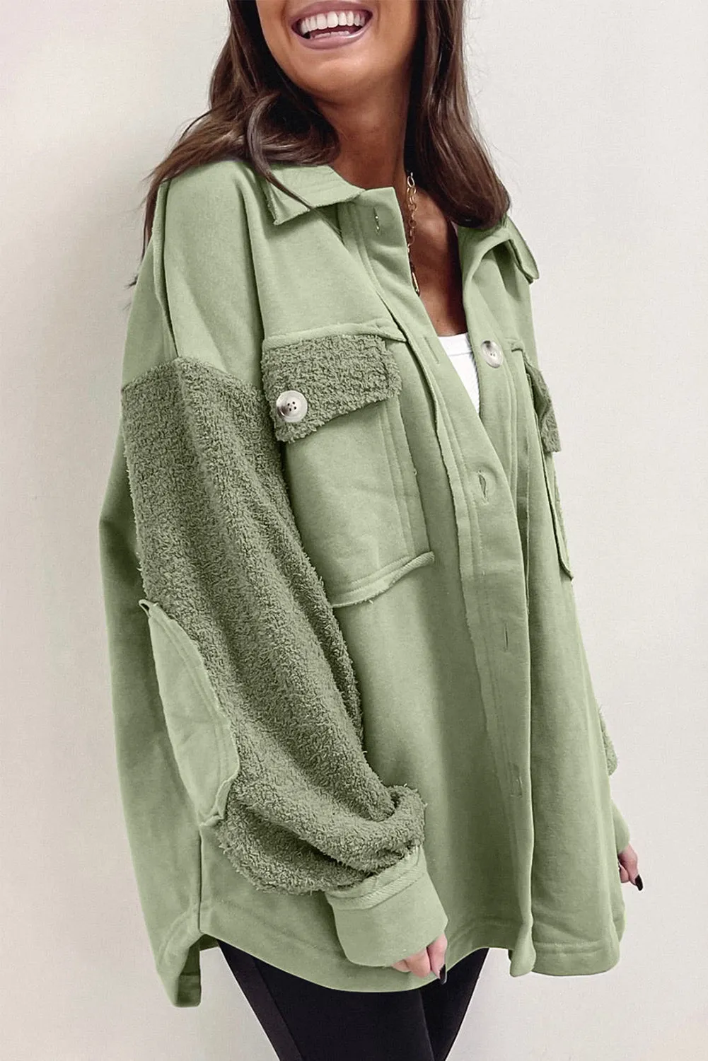 Peach Blossom Exposed Seam Elbow Patch Oversized Shacket