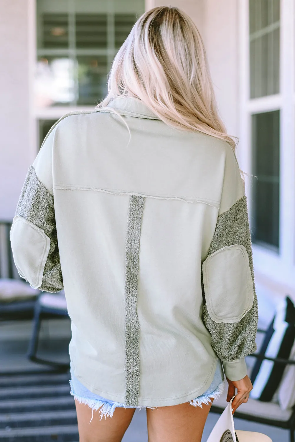 Peach Blossom Exposed Seam Elbow Patch Oversized Shacket