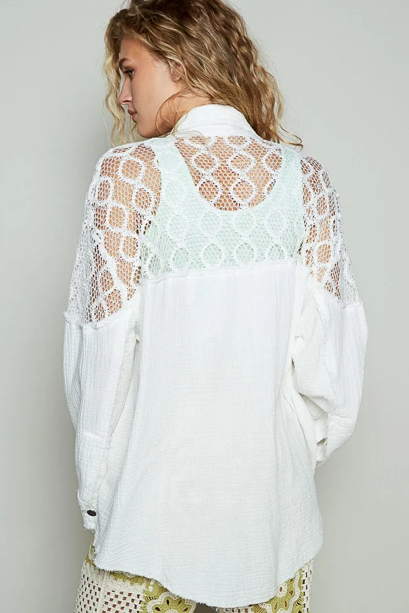 POL Double Gauze See-Through Lace Contrast Front Pocket Button Up Top