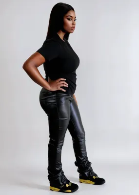 PU Leather Black Stacked Pants