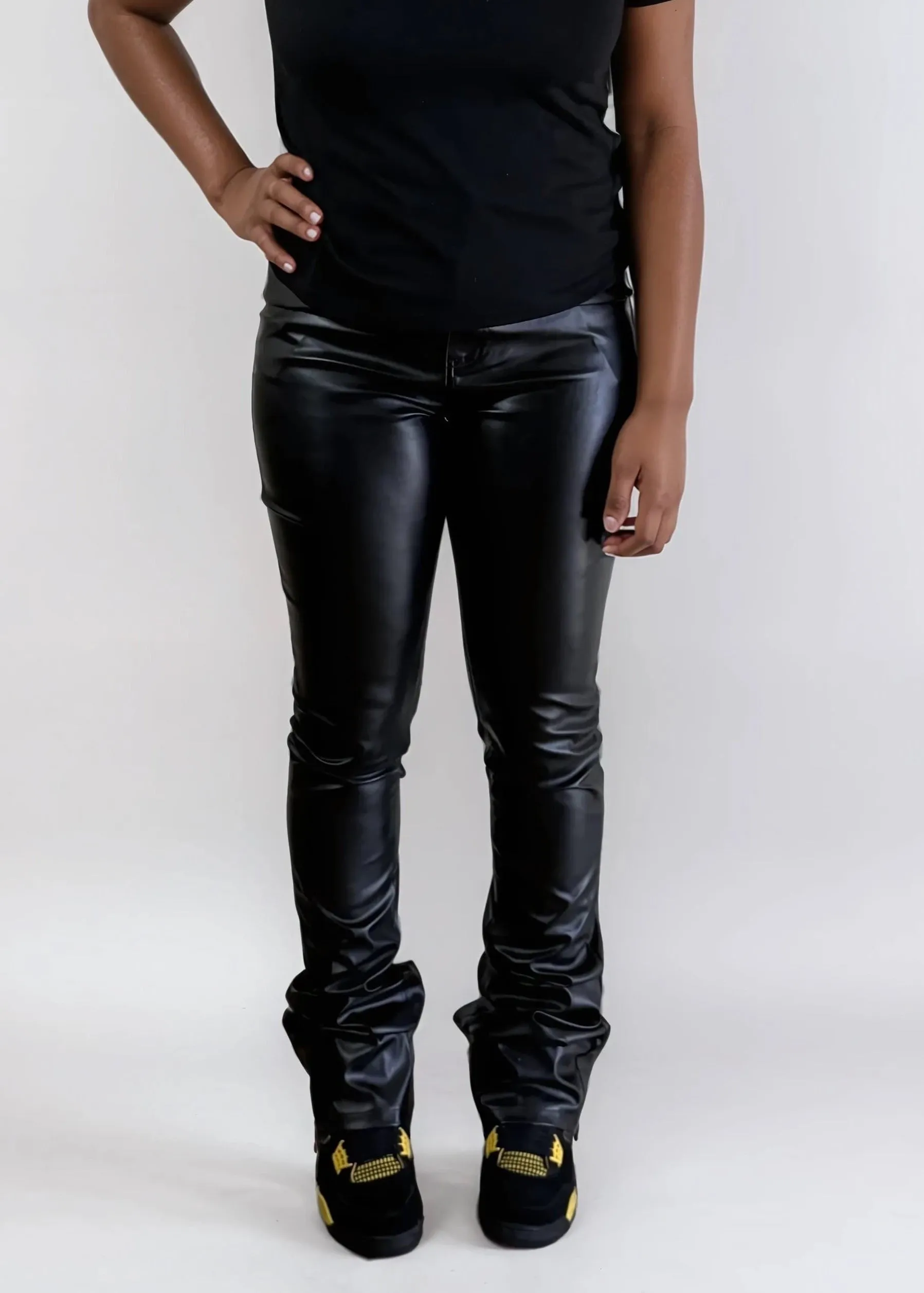 PU Leather Black Stacked Pants
