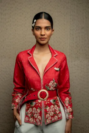 Red cotton jamdani embroidered shacket with belt