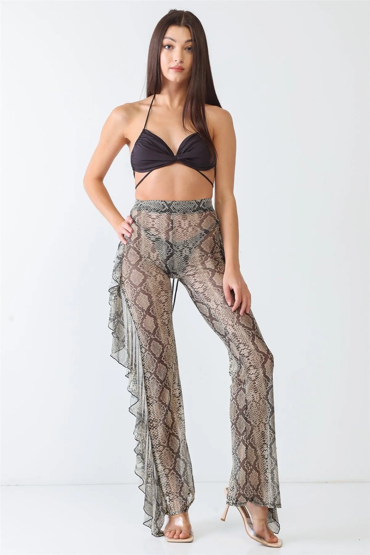 Reptile Snake Grey Sheer Mesh Sexy Ruffle High Waist Pants