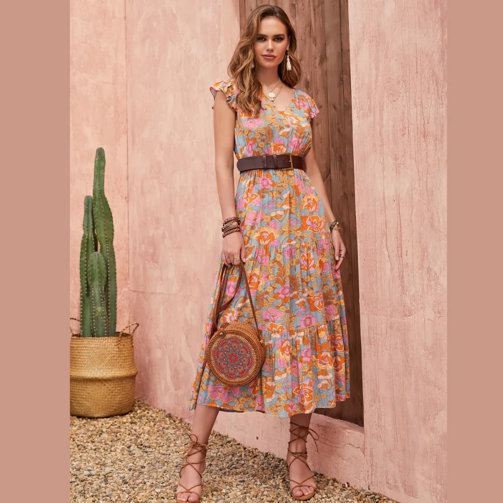 Ruffled Printed V-Neck Cap Sleeve Tiered Dress