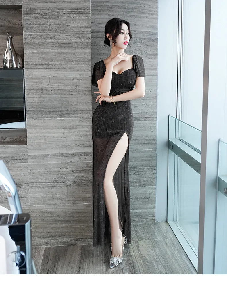Sexy Low-Cut Ruffled sleeves side slit evening dress