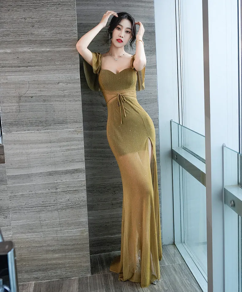 Sexy Low-Cut Ruffled sleeves side slit evening dress