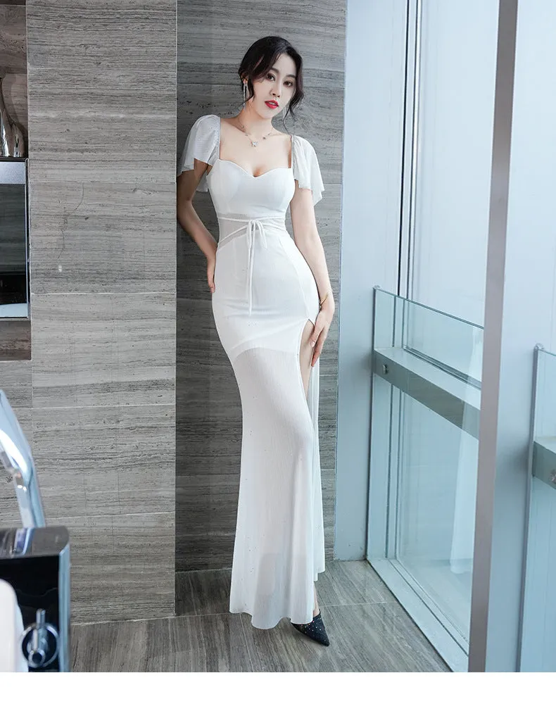 Sexy Low-Cut Ruffled sleeves side slit evening dress