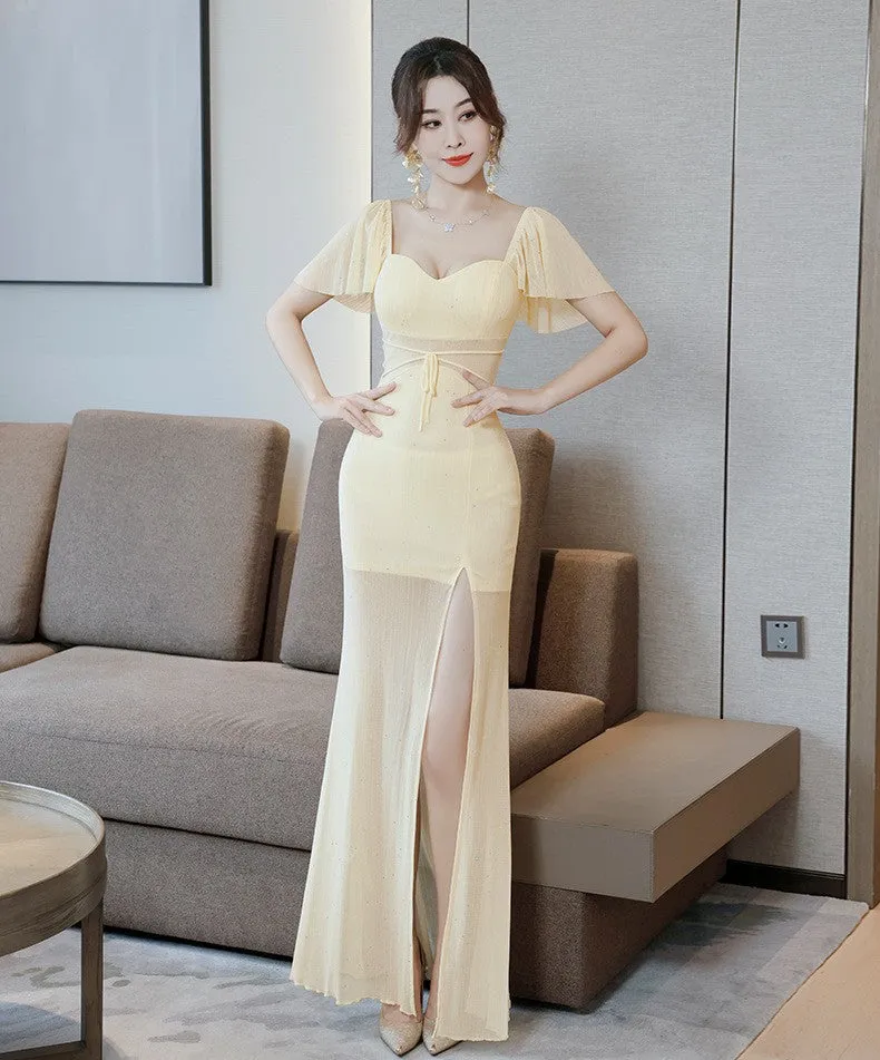 Sexy Low-Cut Ruffled sleeves side slit evening dress