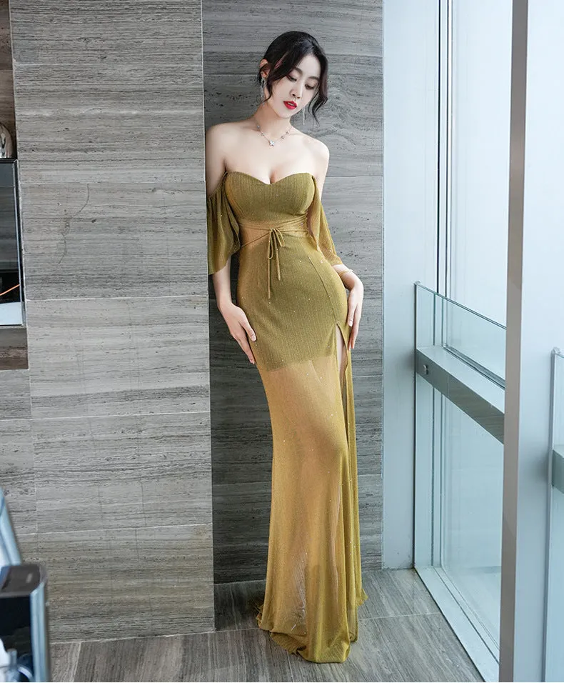 Sexy Low-Cut Ruffled sleeves side slit evening dress