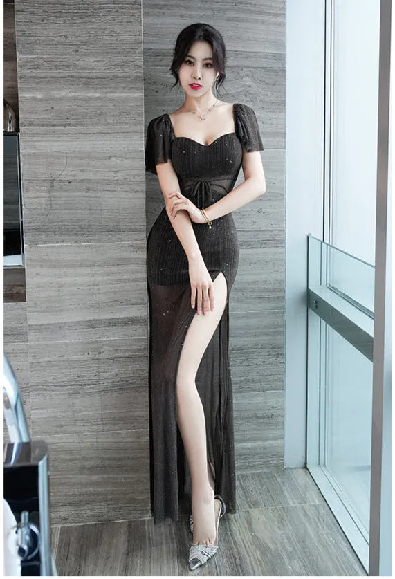 Sexy Low-Cut Ruffled sleeves side slit evening dress