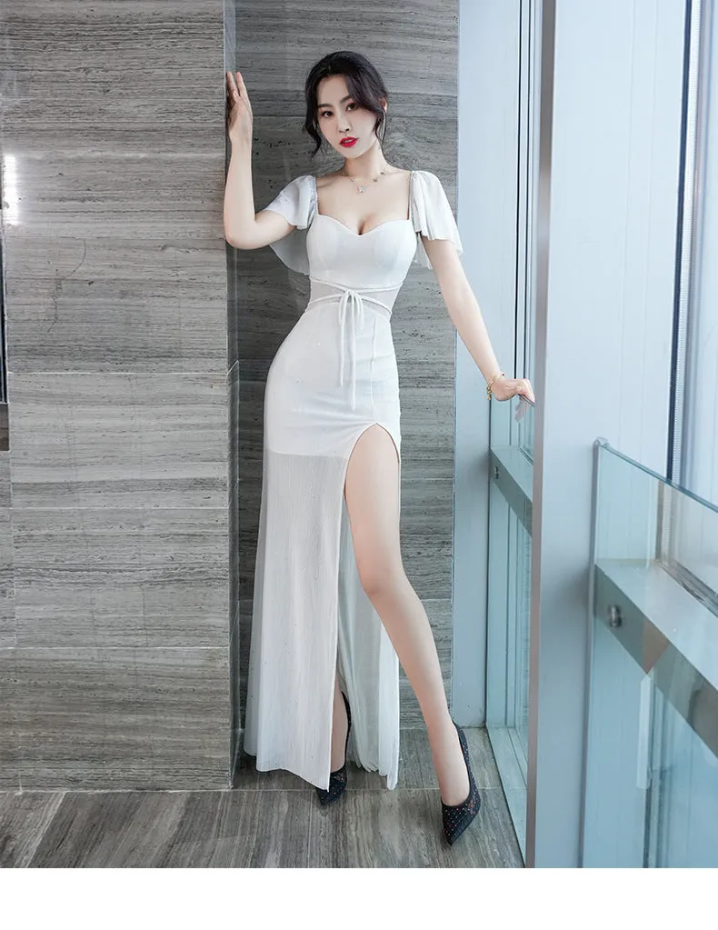 Sexy Low-Cut Ruffled sleeves side slit evening dress