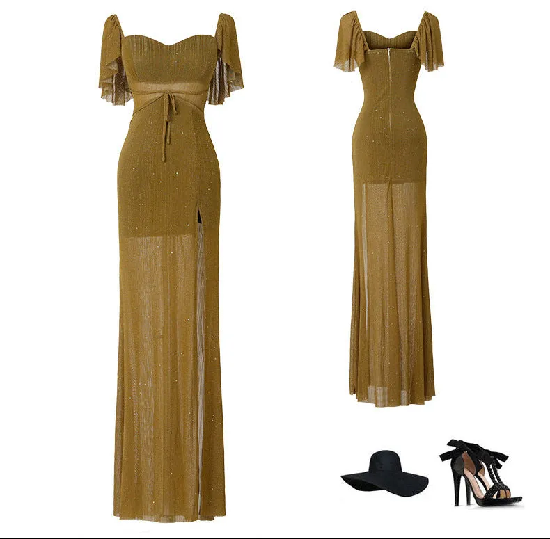 Sexy Low-Cut Ruffled sleeves side slit evening dress