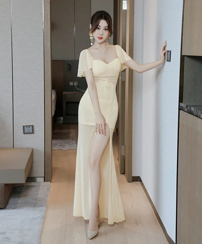 Sexy Low-Cut Ruffled sleeves side slit evening dress