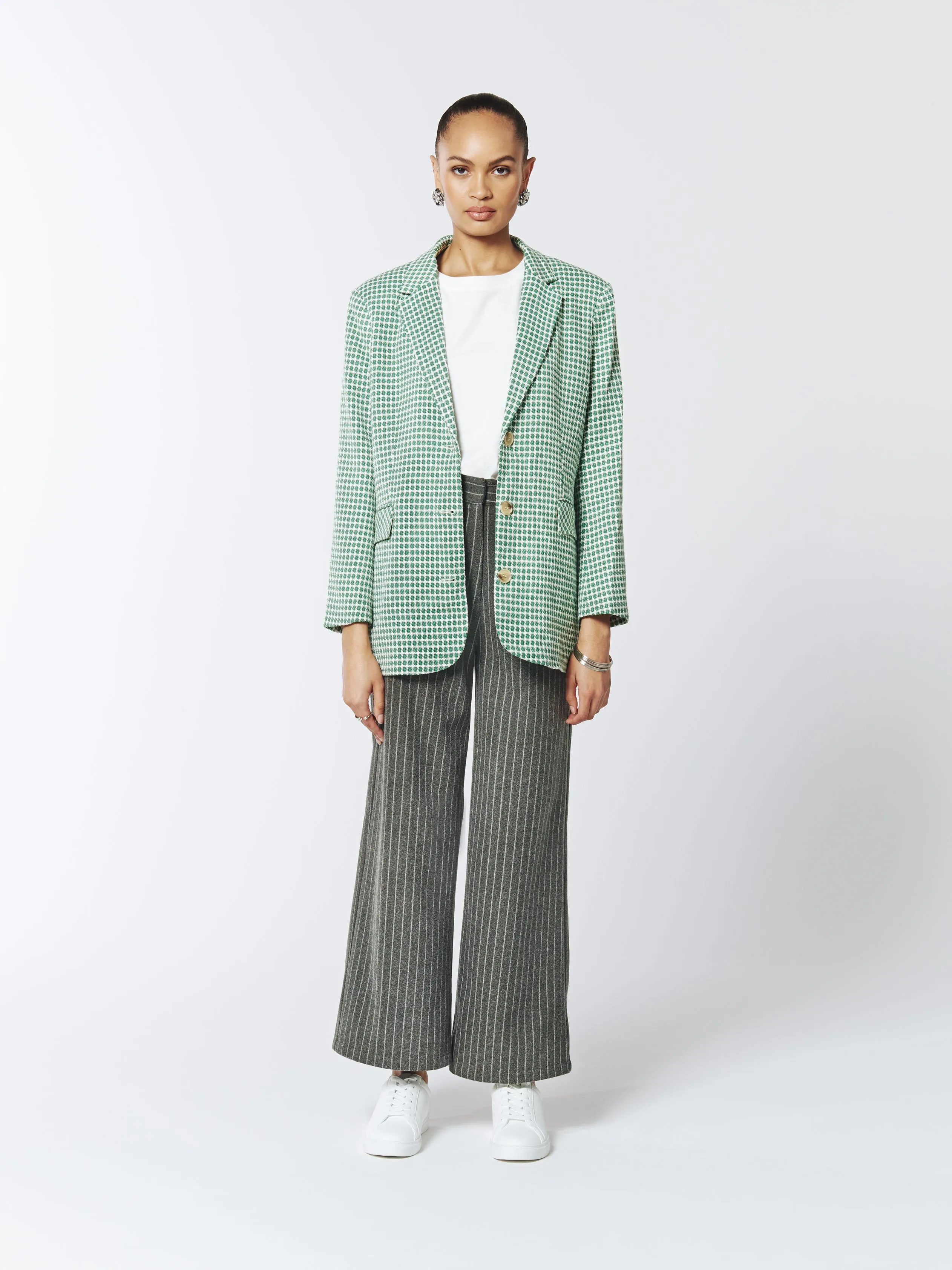 Single-breasted Checked Tweed Blazer in Cactus Green