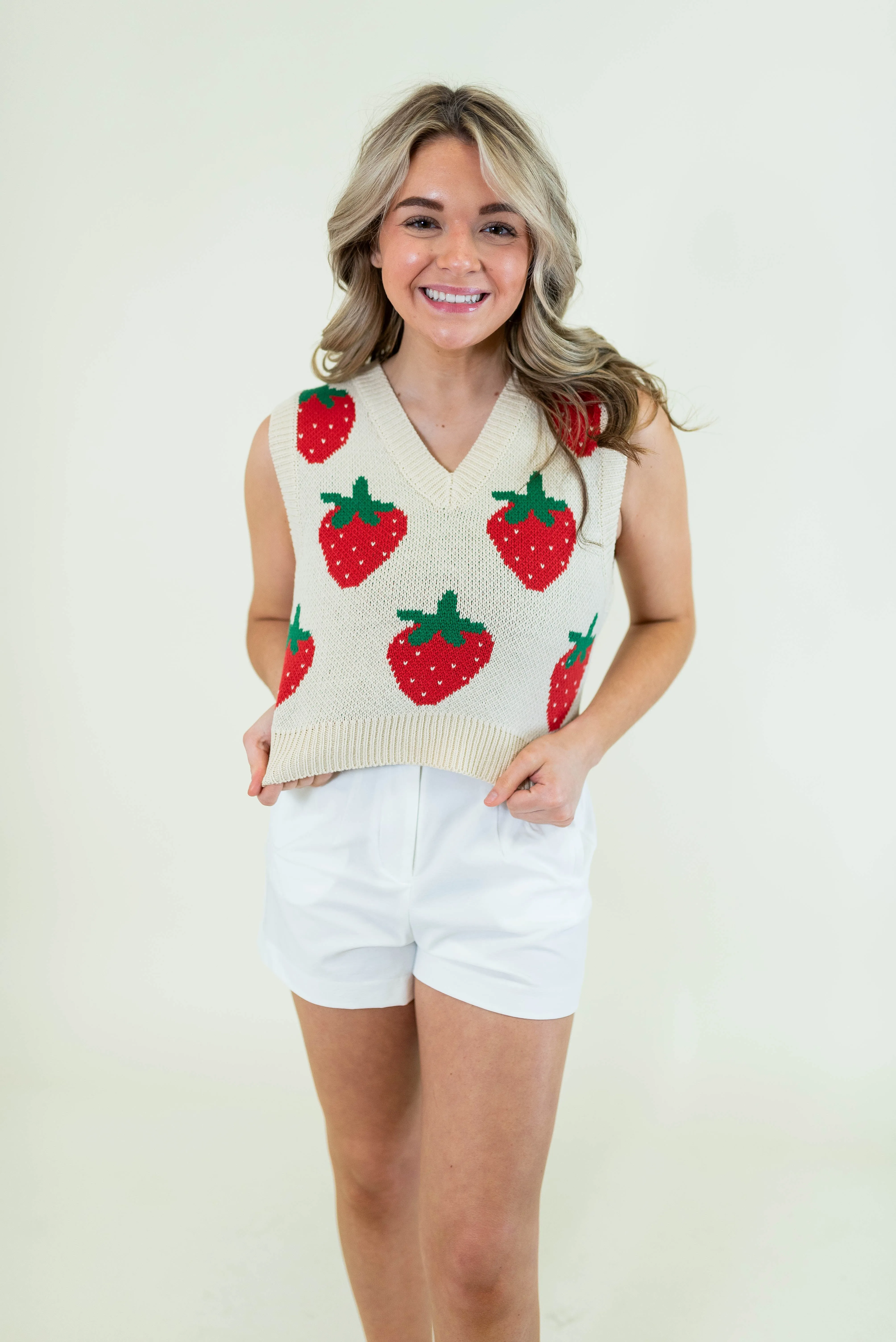 Sleeveless Strawberry Crop Sweater Vest