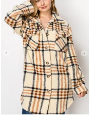 Taupe Plaid Button Down Sherpa Shacket