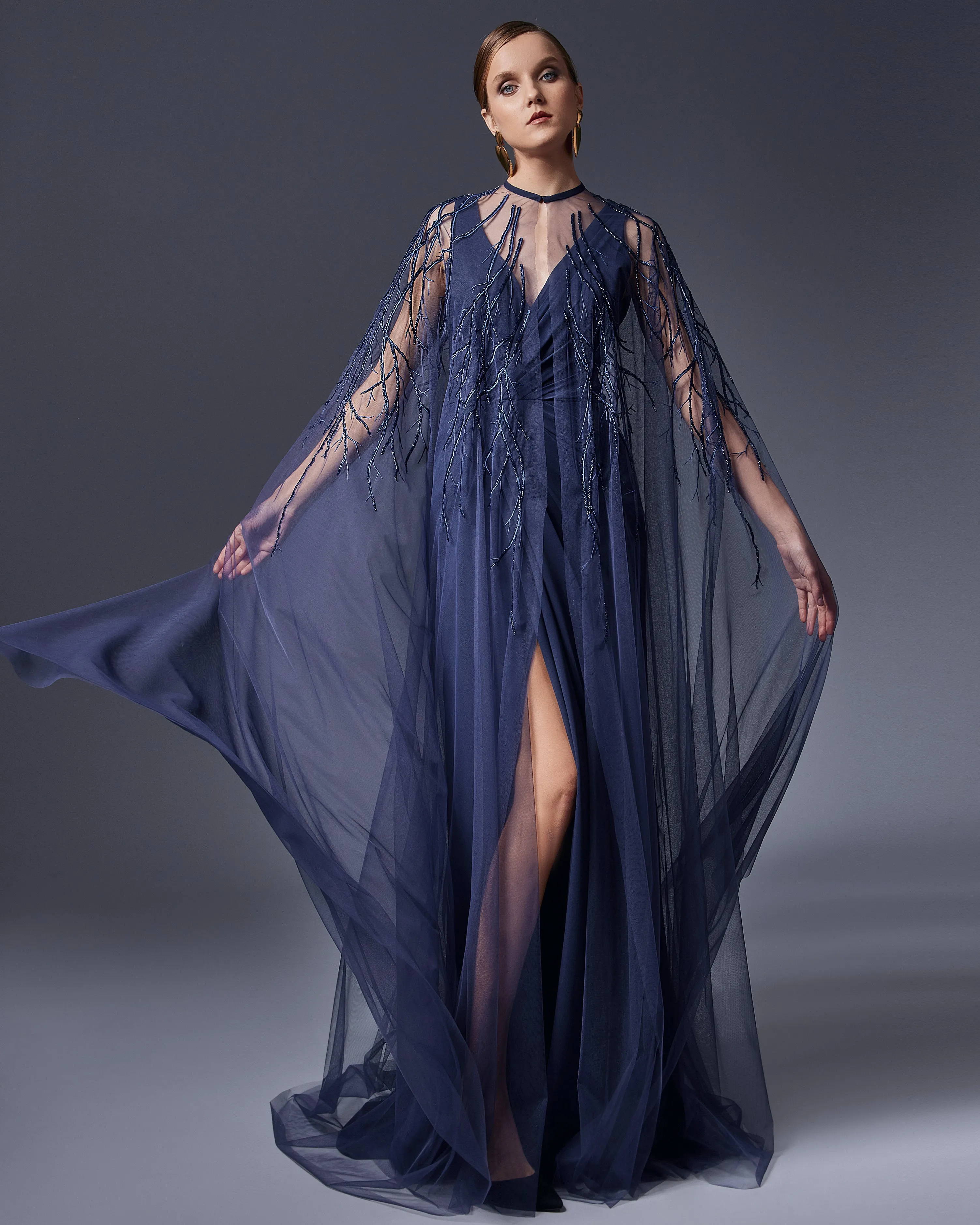 Two Piece Embroidered Cape & Open Slit Draped Dress