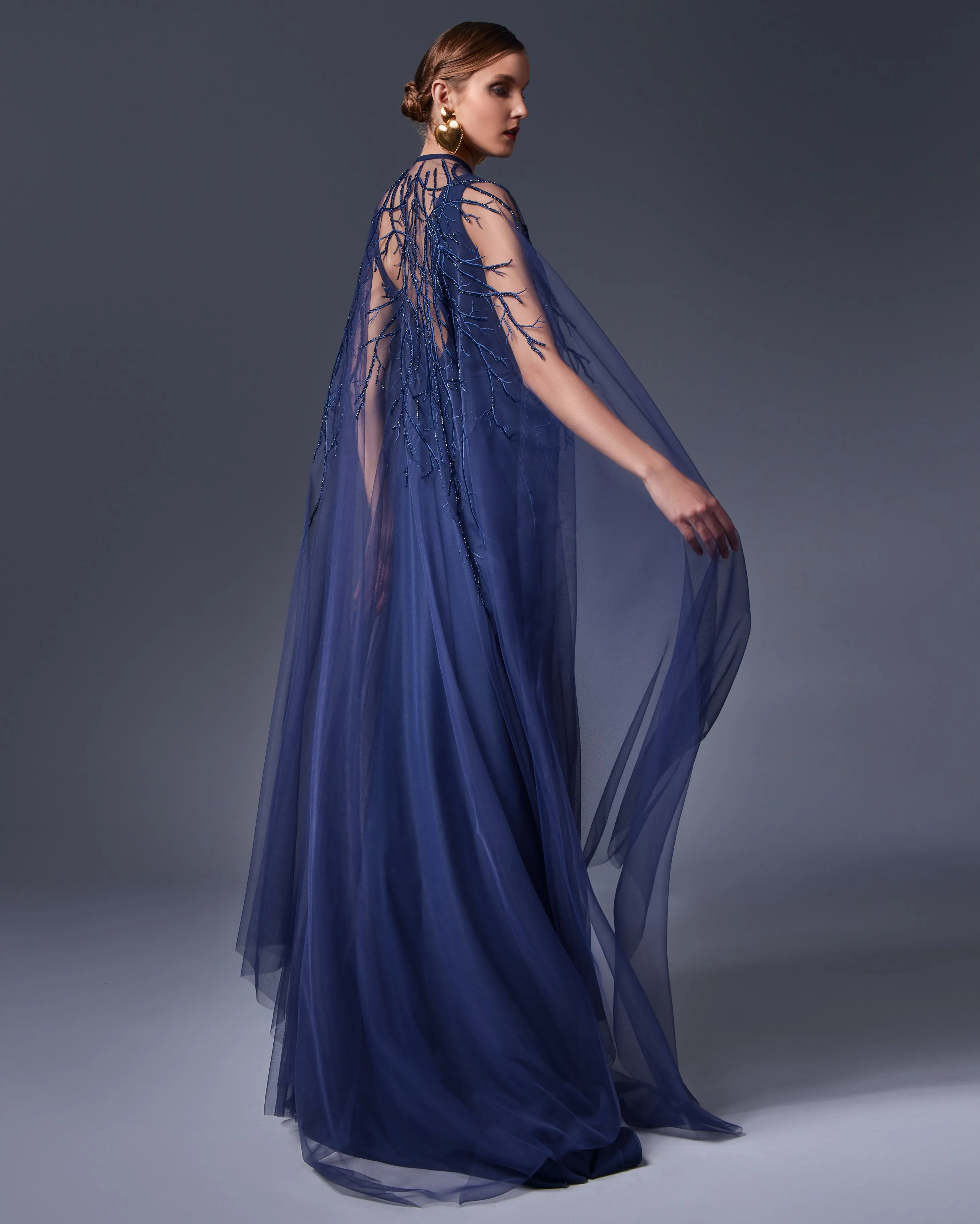 Two Piece Embroidered Cape & Open Slit Draped Dress